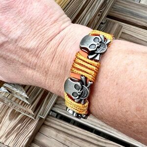 - Orange Leather Pewter Skull Cuff! NEW!